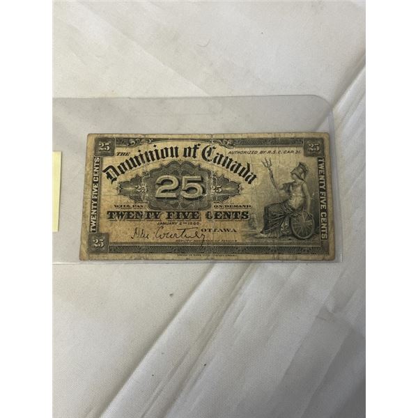 1900 DOMINION OF CANADA 25 CENT BILL JAN 2 1900 VG CONDITION