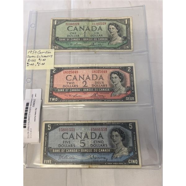 1954 CANADIAN QUEEN ELIZABETH II FIRST NOTES $1, $2 AND $5 BILLS