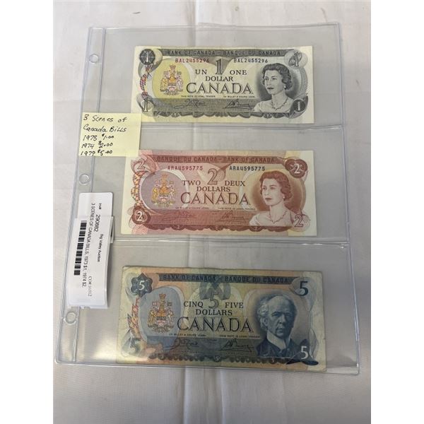 3 SCENES OF CANADA BILLS, 1973 $1, 1974 $2, 1979 $5
