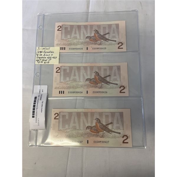 3 MINT 1986 CANADIAN $2 BILLS IN SEQUENCE 425-427 LAST ISSUES OF $2 BILL