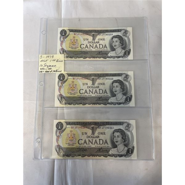 3 MINT CANADIAN 1973 $1 BILLS IN SEQUENCE 259-261 LAST ISSUES