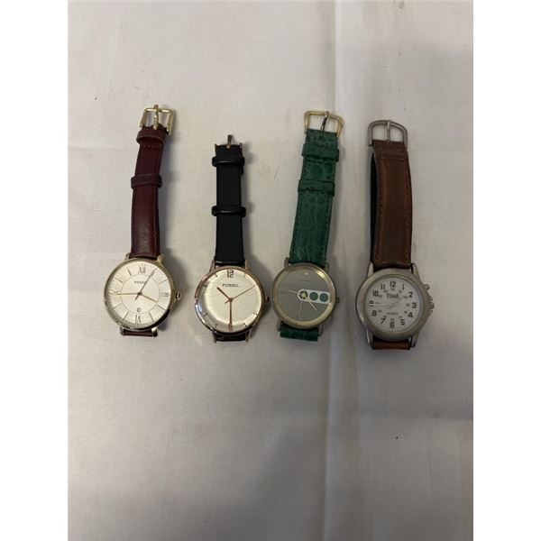 4 QUARTZ WATCHES W/ LEATHER BRACELETS - FOSSIL, QUEMEX - ALL REQUIRE BATTERIES