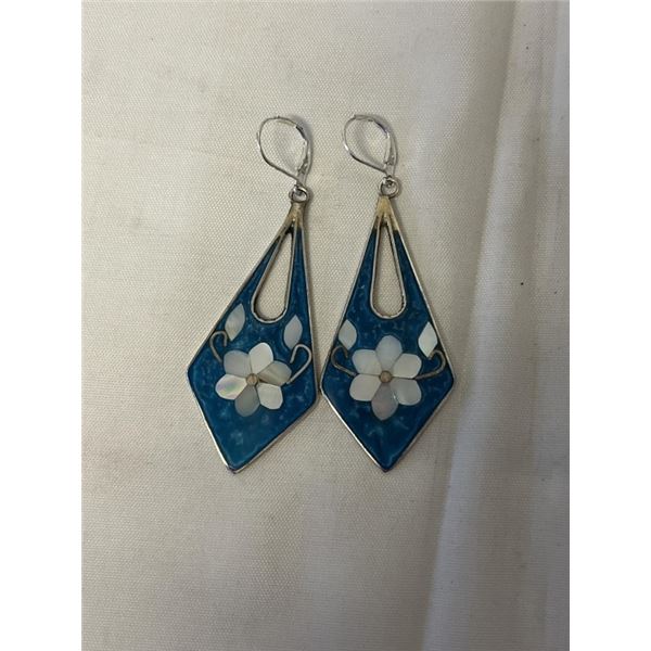 PAIR OF SILVER ENAMEL W/ MOTHER OF PEARL INLAID EARRINGS, UNMARKED 2" LENGTH