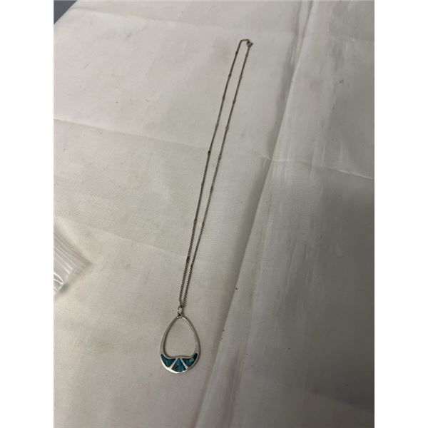 STERLING SILVER W/ TURQIOSE STONES INLAID PENDANT W/ CHAIN NECKLACE MARKED STER