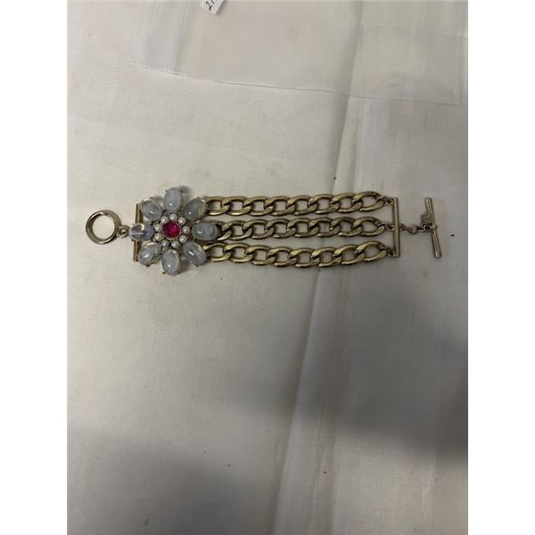 TRIPLE LINK CHAIN W/ GLASS STONES VITNAGE BRACELET 6.5" LENGTH TOGGLE CLOSURE