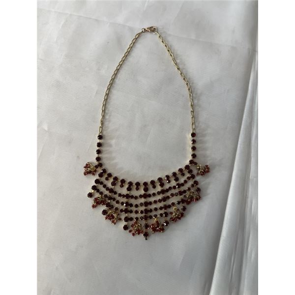 VINTAGE DARK RED RHINESTONES NECKLACE EACH PRONGES SET, CHOKER LENGTH 16"