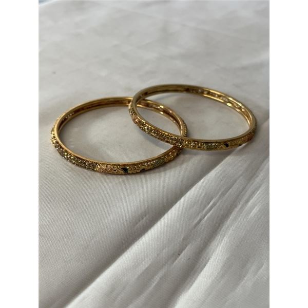 PAIR OF HAND CRAFTED 22K GOLD PLATED BANGLES, EACH 2.5" DIAMETER, UNMARKED
