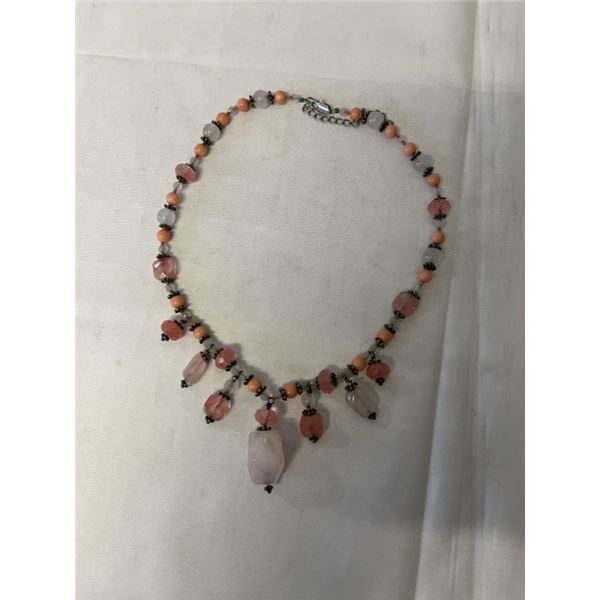 VINTAGE ROSE QUARTZ AND ROCK CRYSTAL STONE BEADS NECKLACE 16-18" LENGTH