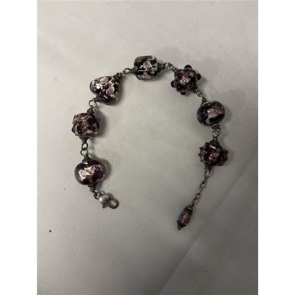VINTAGE STERLING SILVER W/ VENTETIAN GLASS BEADS BEACELET MARKED 925