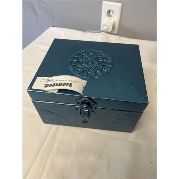 BLUE METAL BOX WITH ASSORTED COINS