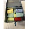 Image 2 : BLUE METAL BOX WITH ASSORTED COINS