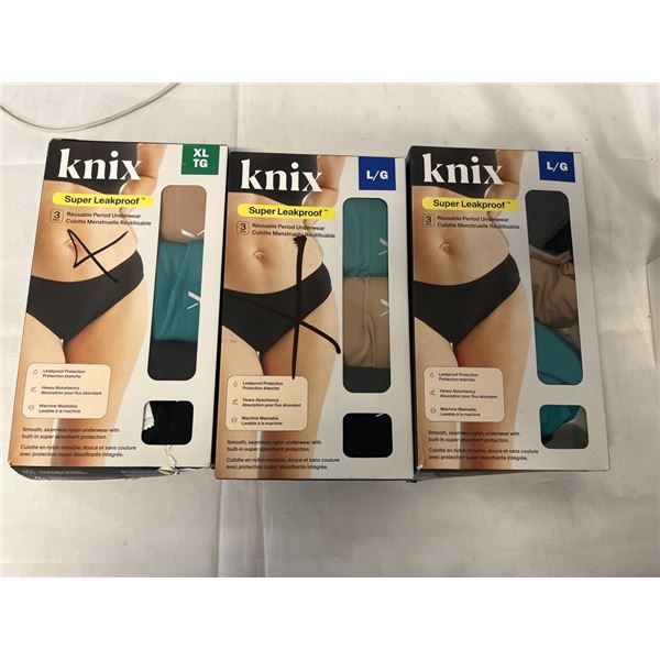 3 SETS OF NEW KNIX REUSABLE PERIOD UNDERWEAR, 3 PAIRS PER BOX, 2 L, 1 XL