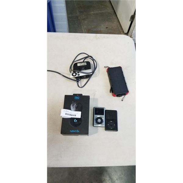 LOT OF ELECTRONICS INCLUDING APPLE TV, IPOD, SOLOAR POWERED POWER BANK, LOGITECH G PRO MOUSE, AND FI