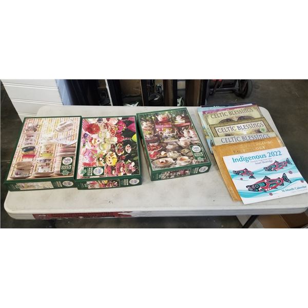 BOX OF PUZZLES AND CALENDARS