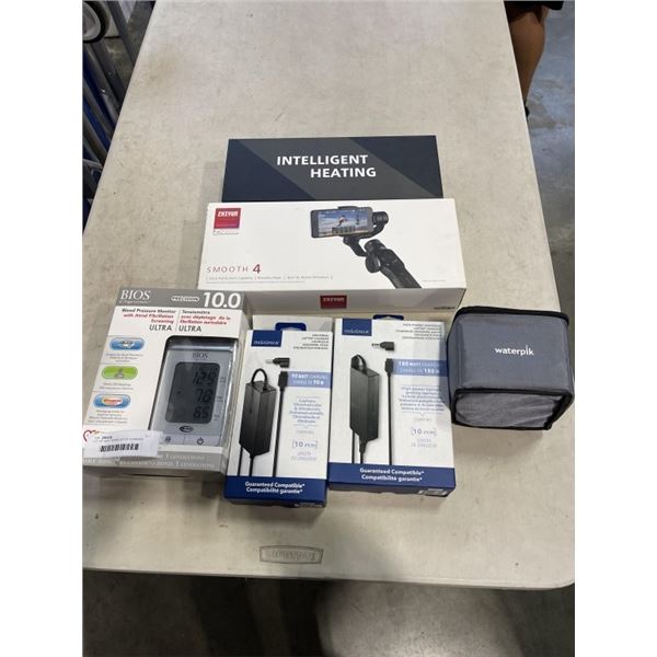 LOT OF NEW ITEMS INCLUDING ZHIYUN GIMBAL, 2 LAPTOP CHARGER AND BIOS BLOOD PRESSURE MONITOR, HEATED G