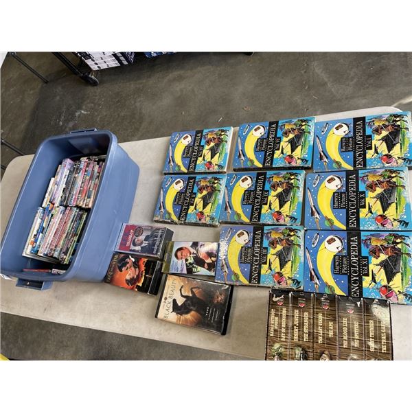 LARGE TOTE OF VHS TAPES, DVDS, AND VINTAG ENCYCLOPEDIAS