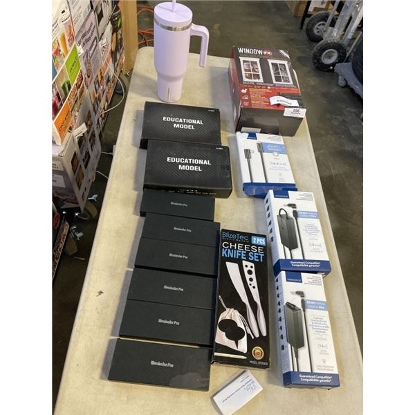 BAG OF NEW ITEMS KNIVES WINDOW DECRATVIVE KIT AND LAPTOP CHARGERS