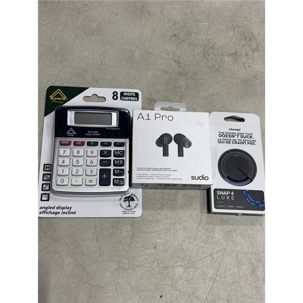 SUDIO A1 PRO BLUETOOTH HEADPHONES, 2 OHSNAP! PHONE GRIPS, AND AUREX ANGLED SIPLAY CALCULATOR