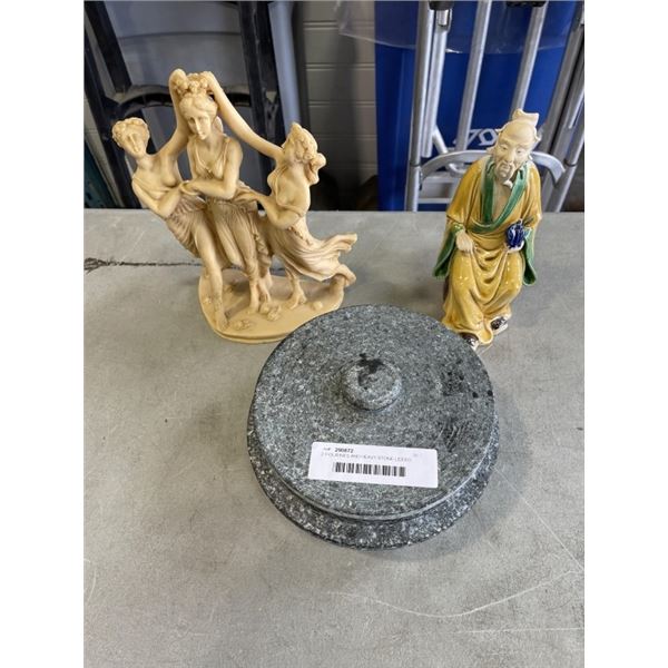 2 FIGURINES AND HEAVY STONE LIDDED BOWL