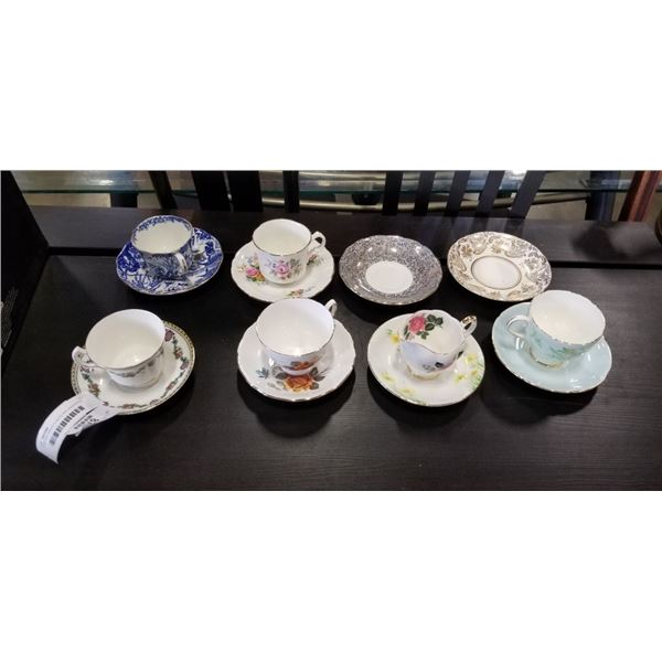 3 CUP AND SAUCER SETS AND ASSORTED CUPS AND SAUCERS NOT MATCHING