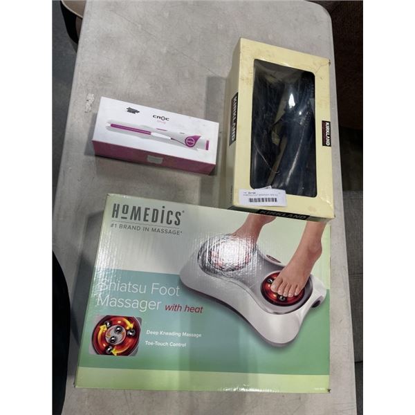HOMEDICS FOOT MASSAGER, NEW OLD STOCK KIRKLAND SHOES, AND MINI HAIR STRAIGHTNER