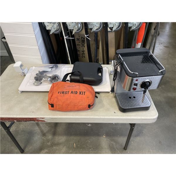 VIVO CLAMP ON DESK KEYBOARD TRAY, FIRSTAID KIT, ESSRPESSO MAKER AND HAIR CLIPPERS