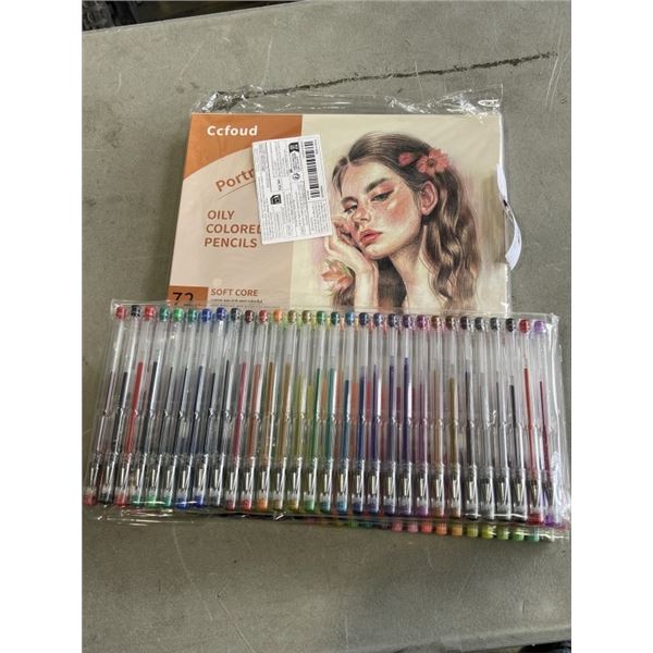 120 NEW COLORED GEL PENS AND 72 OILY COLORED PENCILS