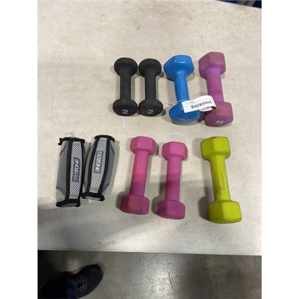 LOT OF DUMBELLS AND ANKLE WEIGHTS