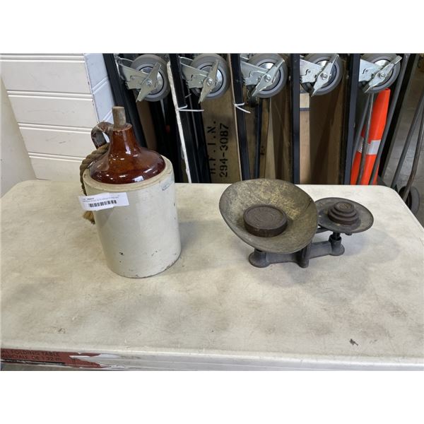 ANTIQUE SCALE WITH WEIGHTS AND AND CROCK
