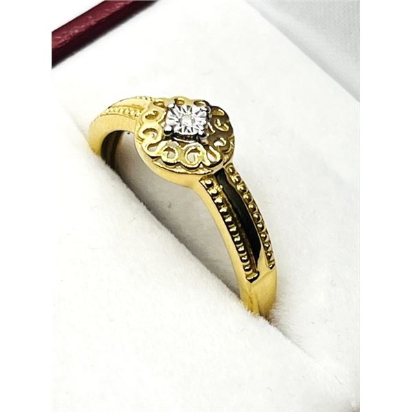 GOLD PLATED STERLING SILVER NATURAL DIAMOND (0.01CT) RING, SIZE 8, W/A $300.00.