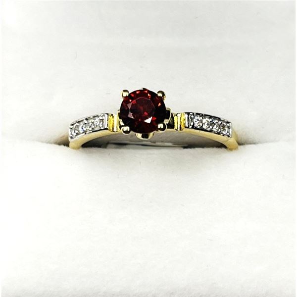 GOLD PLATED STERLING SILVER NATURAL GARNET (0.50CT) AND CZ RING, SIZE 6.5, W/A $650.00. GARNET IS TH