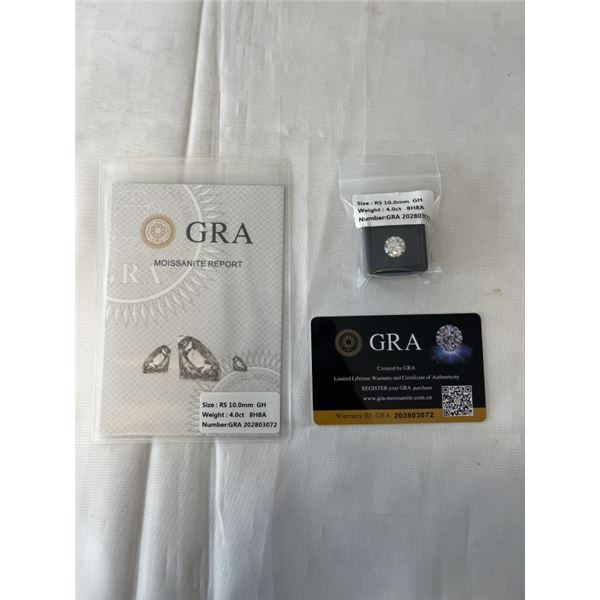 NEW 4.0 CARAT MOISSANITE STONE, ROUND BRILLIANT CUT, GH-VVS1, GRA REPORT, TESTS POSITIVE W/ DIAMOND 