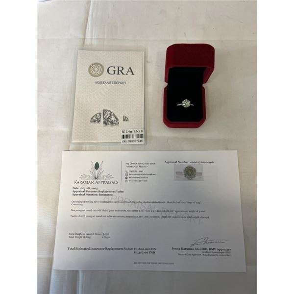 3.00 CT GRA CERTIFIED ROUND BRILLIANT CUT MOISSANITE STONE VVS VIVID BLUISH GREEN COLOR WITH 12 ROUN