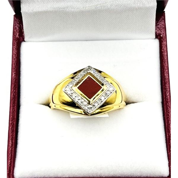 GOLD PLATED STERLING SILVER NATURAL CARNELIAN (0.99CT) WITH DIAMOND (0.09CT) RING, SIZE 9, W/A $1250