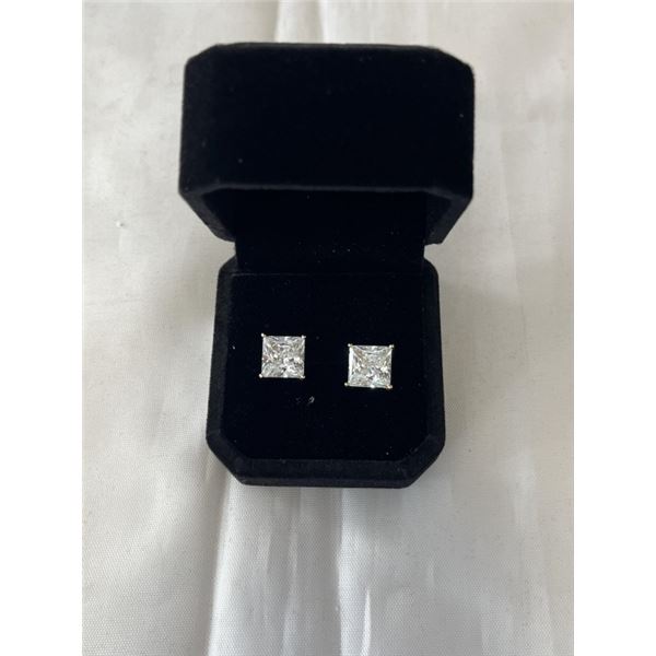 NEW 14K GOLD PLATED 4.0CT EACH PRINCESS CUT SIMULATED DIAMOND (CZ) STUD EARRINGS
