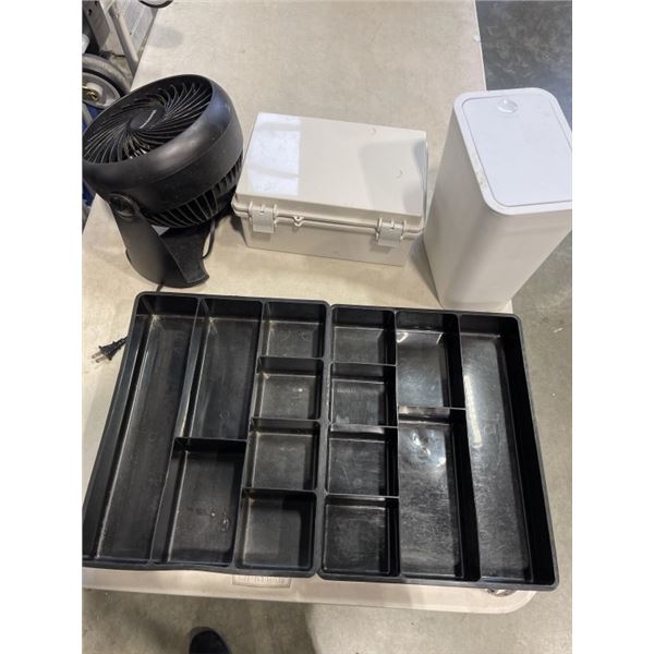 2 TRAY ORGANIZERS, SMALL GARBAG CAN, STORAGE CONTAINER AND TABLE TOP FAN