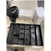 Image 1 : 2 TRAY ORGANIZERS, SMALL GARBAG CAN, STORAGE CONTAINER AND TABLE TOP FAN