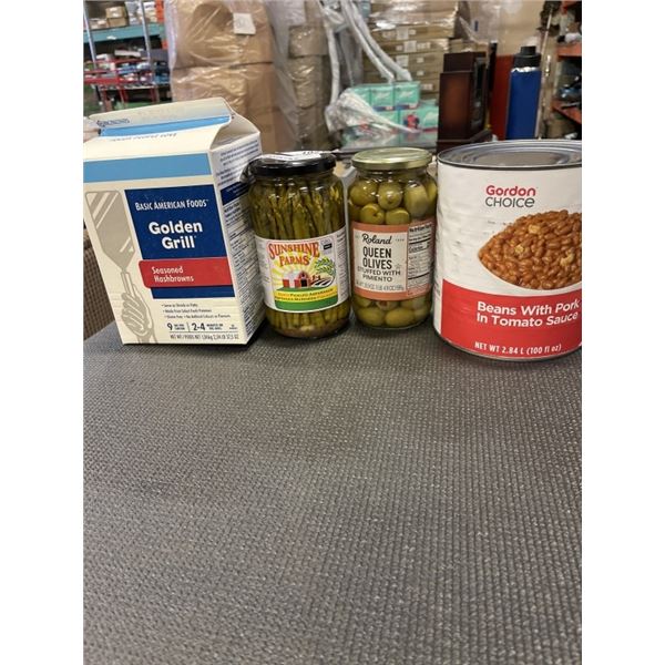 LOT OF NEW FOOD BEANSWITH TOMATO SAUCE HASH BROWNS AND A JAR OLIVES JAR OF PICKED ASPAGUS