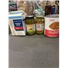 Image 1 : LOT OF NEW FOOD BEANSWITH TOMATO SAUCE HASH BROWNS AND A JAR OLIVES JAR OF PICKED ASPAGUS