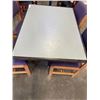 Image 3 : PUB DINING TABLE WITH CAST IRON BASE, AND 4 UPHOLSTERED DINING CHAIRS, TABLE IS 46 X 34