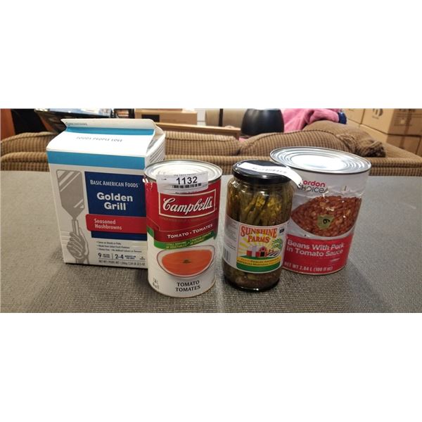 LOT OF NEW FOOD BEANS WITH TOMATO SAUCE BOX OF HASH BROWNS LARGE CAN OF TOMATO SOUP AND A JAR OF PIC