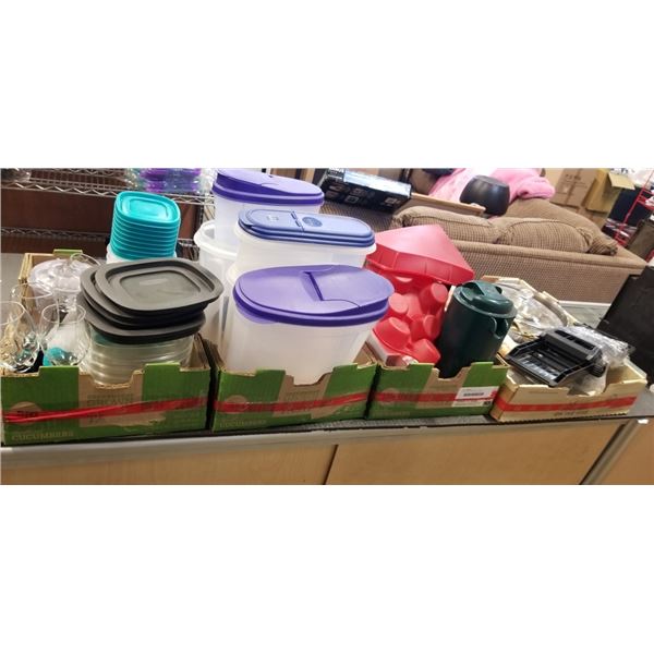 4 TRAYS OF  HOUSEHOLD ITEMS RUBBERMAID TOTES WINE GLASS AND COOKING UTENSILS