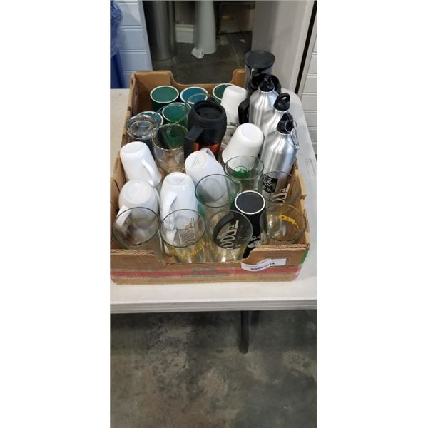 TRAY OF CUPS GLASSES AND WATER BOTTLES