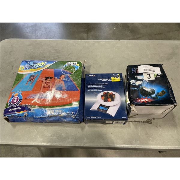 LOT OF 3 NEW ITEMS SIREN KITCHEN SCALE AND SLIP AND SLIDE