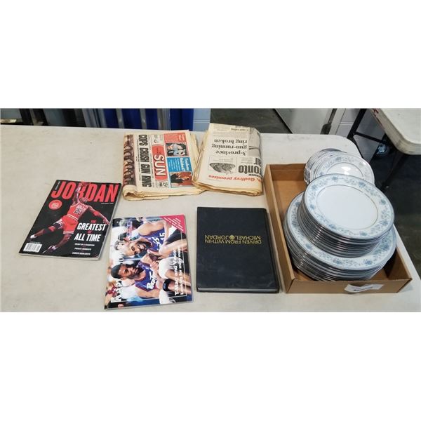 TRAY OF PLATES NORITAKE BLUE HILL AND VINTAGE NEWPAPER AND BOOKS