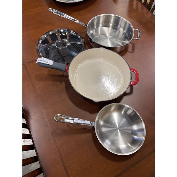 2 ALL CLAD PANS  AND CAST IRON PAN