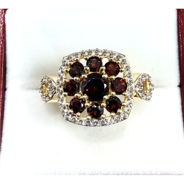 GOLD PLATED STERLING SILVER NATURAL GARNET (1.05CT) WITH NATURAL WHITE TOPAZ (1.4CT) RING, SIZE 9, W