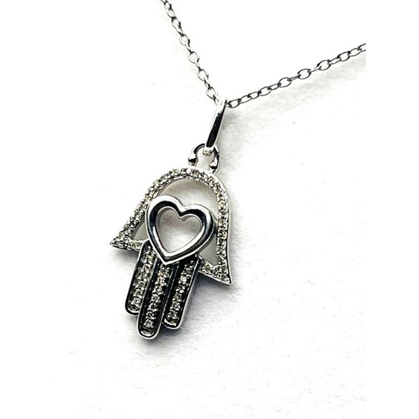 STERLING SILVER NATURAL DIAMOND (0.11CT) HAMSA HAND WITH HEART PENDANT AND STERLING SILVER CHAIN, W/