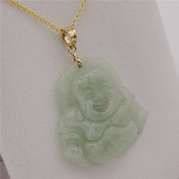 14KT YELLOW GOLD JADEITE (20.74CT) BUDDHA PENDANT WITH GOLD PLATED STERLING SILVER CHAIN, W/A $1875.