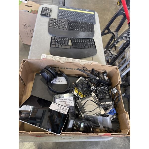 ASSORTED ELECTRONICS, INCLDUING RADIOS, ONE BAOFENG WITH CHARGER AND EARPIECE, UNIDEN, WIPED TABLETS